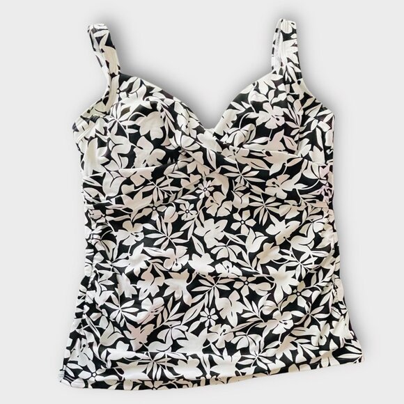 Lands End Long Torso Tankini Top Swimsuit Black Havana Floral Print Underwire 16 - Picture 2 of 12